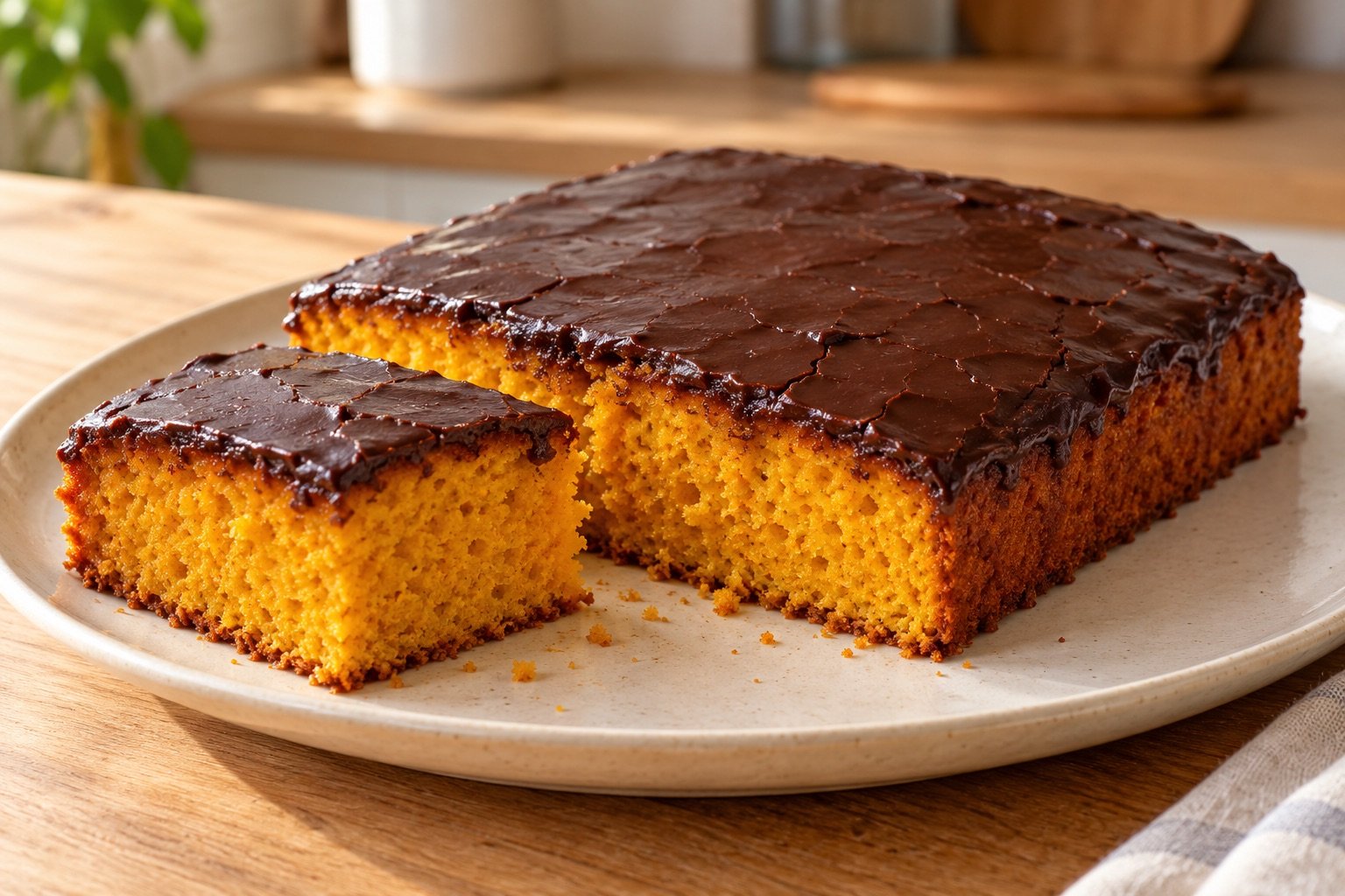 Bolo de cenoura retangular com cobertura fina de chocolate e uma fatia cortada mostrando o miolo alaranjado e assado