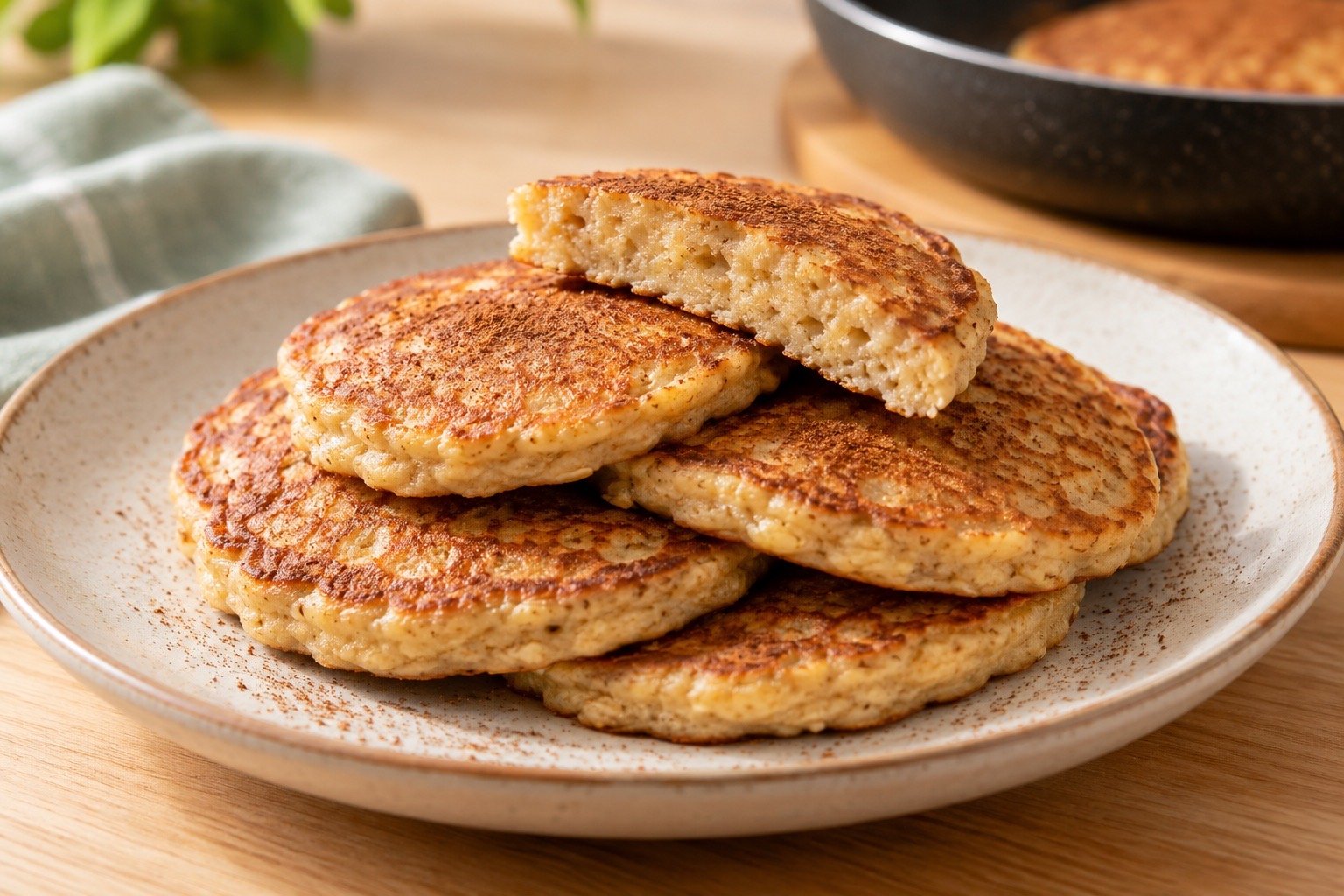 Mini panquecas douradas de banana com aveia empilhadas, com uma unidade cortada mostrando o interior cozido