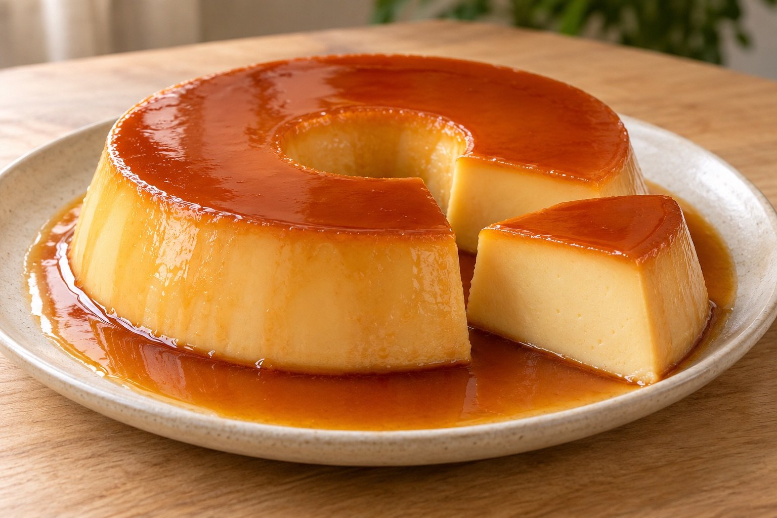 Pudim de leite condensado desenformado, coberto com calda de caramelo e com uma fatia cortada